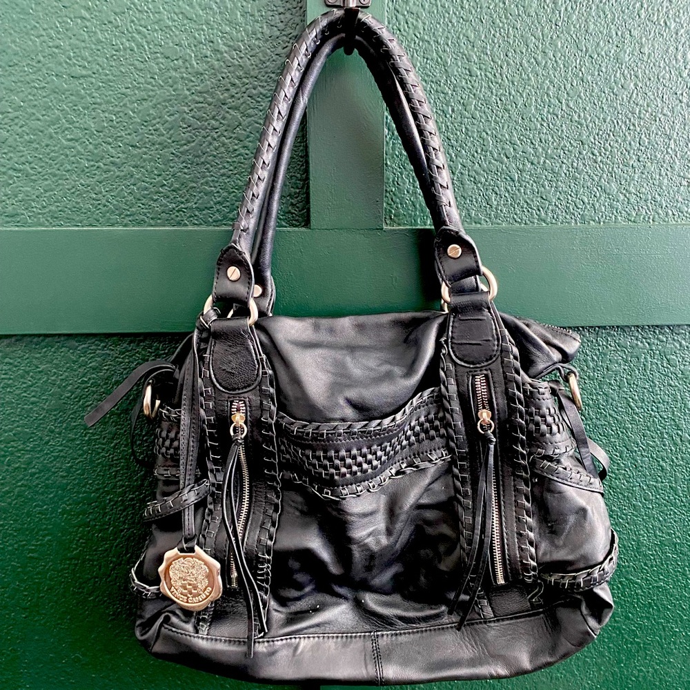 Vince Camuto Black & Silver Strappy Leather Satchel One Owner